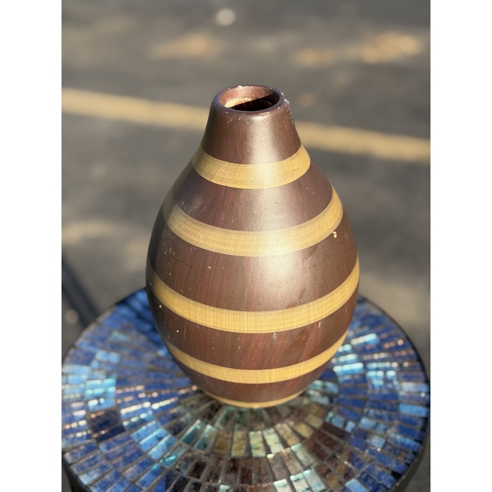 Decorative Porcelain Vase Brown Striped Modern Boho Mid Century Style‎ 8.5"